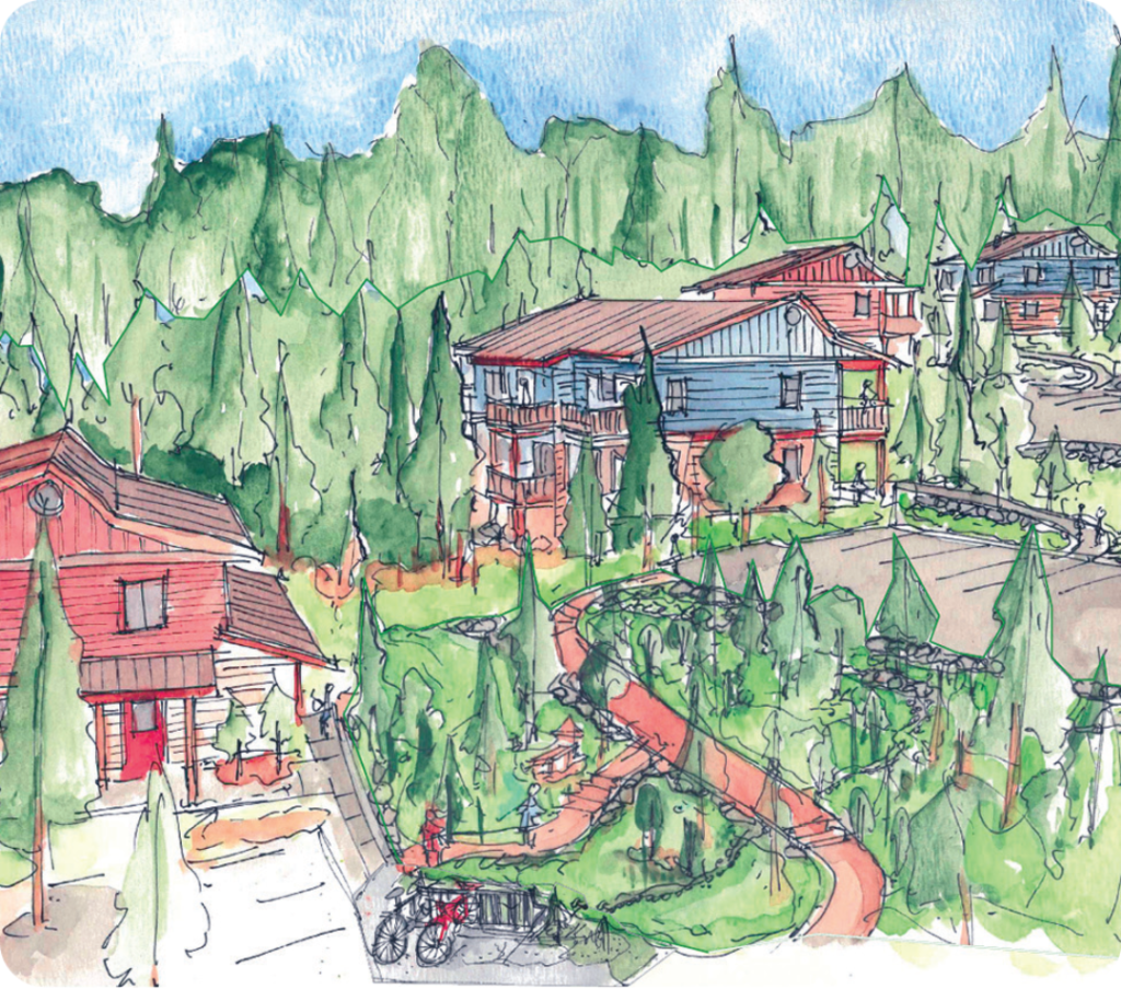 Illustration of houses within a forest